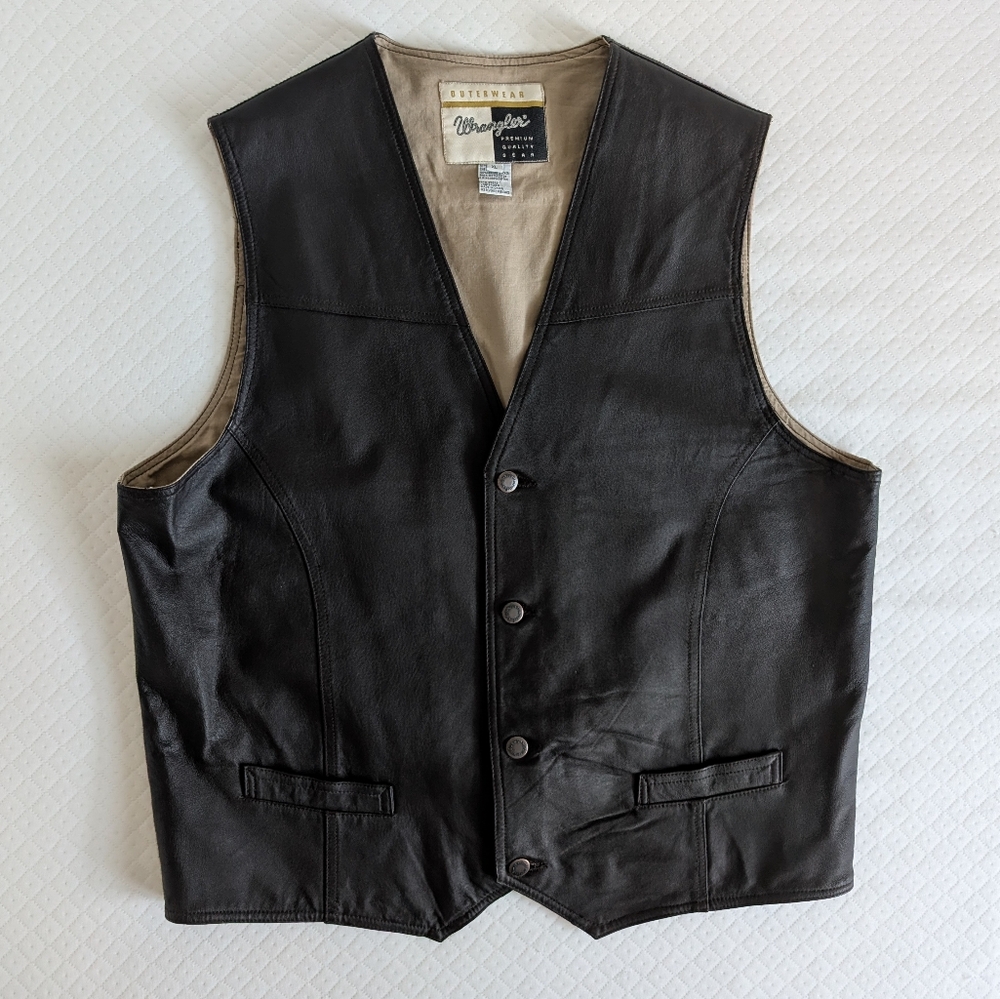 Wrangler Outerwear Vintage Men's Brown Leather and Cotton Vest, size XL